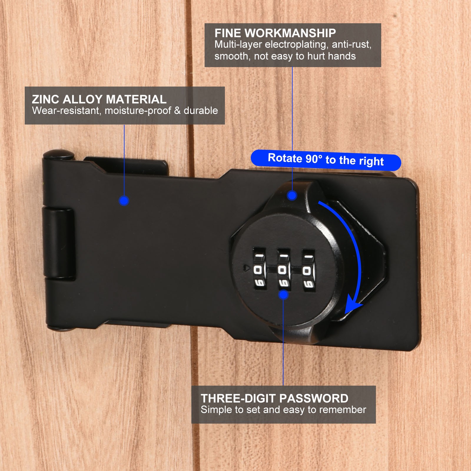 Cabinet Password Rotary Hasp Locks Door Security Combination Latch Lock Black
