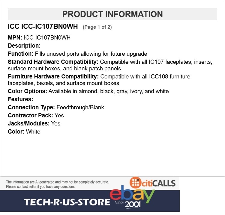 ICC ICC-IC107BN0WH Feedthrough/Blank Keystone Module 10 Pack White