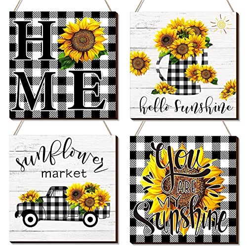 4 Pcs Sunflower Wall Decor Buffalo Plaid Sunflower Wall Art Wood Farmhouse