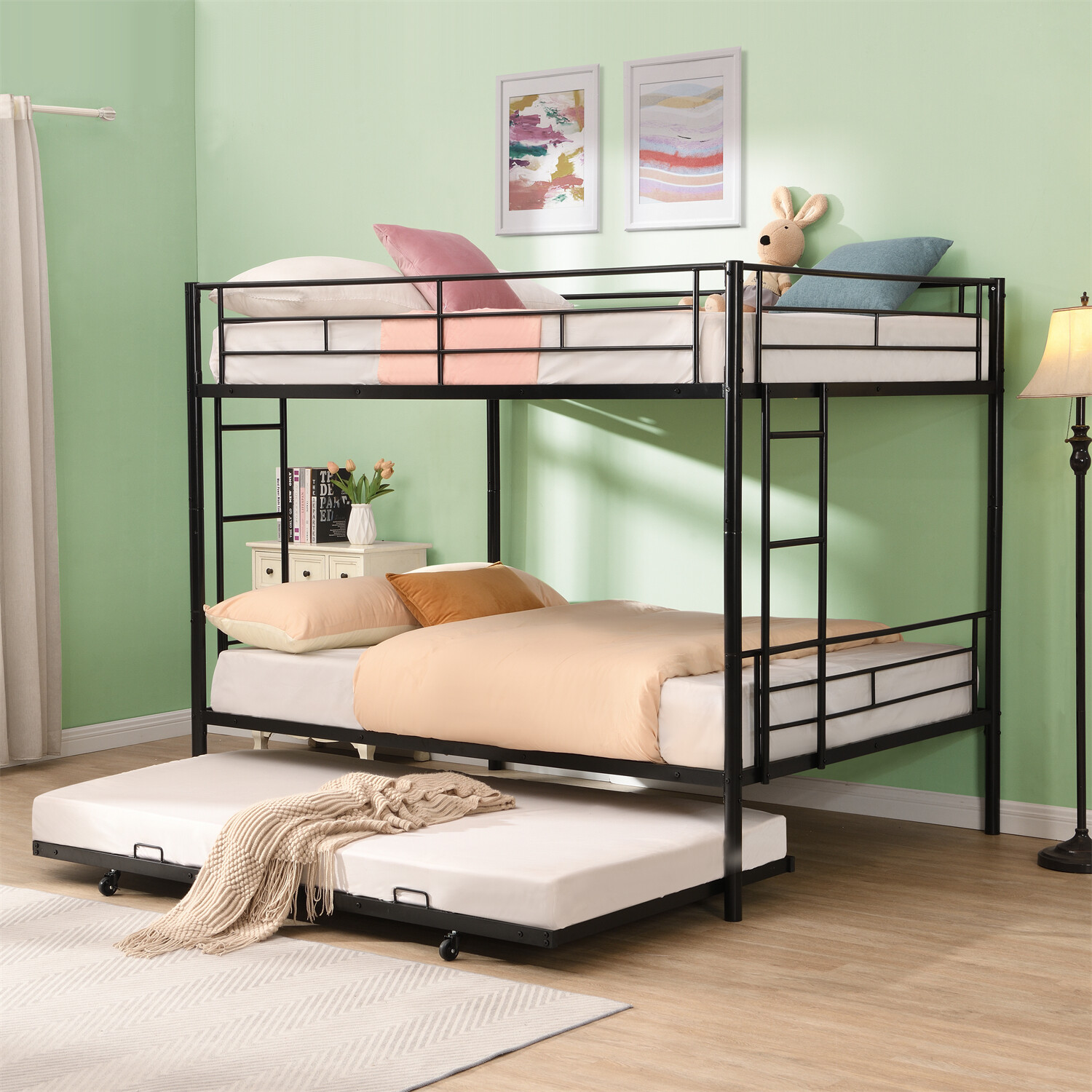 Full Over Full Bunk Bed Heavy Duty Metal Bunk Bed Frame with Trundle Black