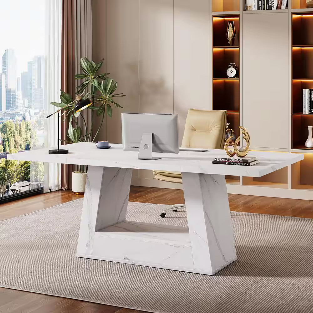 Lanita 63 In. Rectangular White Engineered Wood Executive Desk with Wood Pedesta
