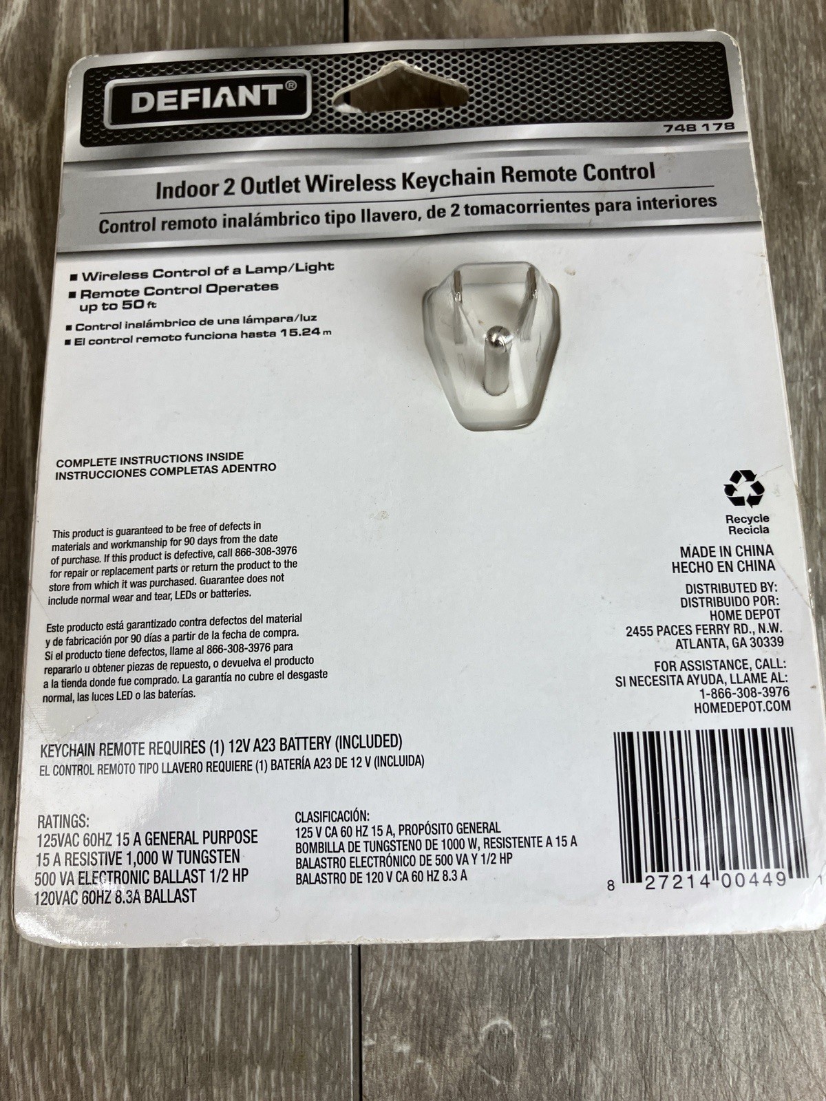 Defiant Indoor 2 Outlet Keychain Remote Control New