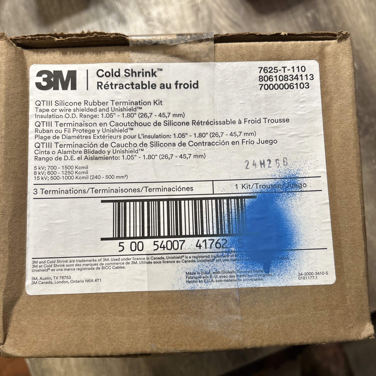 3M COLD SHRINK KIT 7625-T-110 QT-III SILICONE RUBBER INDOOR TERMINATION