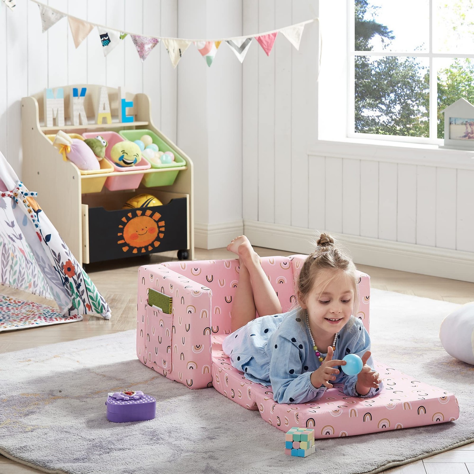 Fold Out Couch 2-in-1 Children Convertible Sofa to Lounger with Soft Plush Fa...