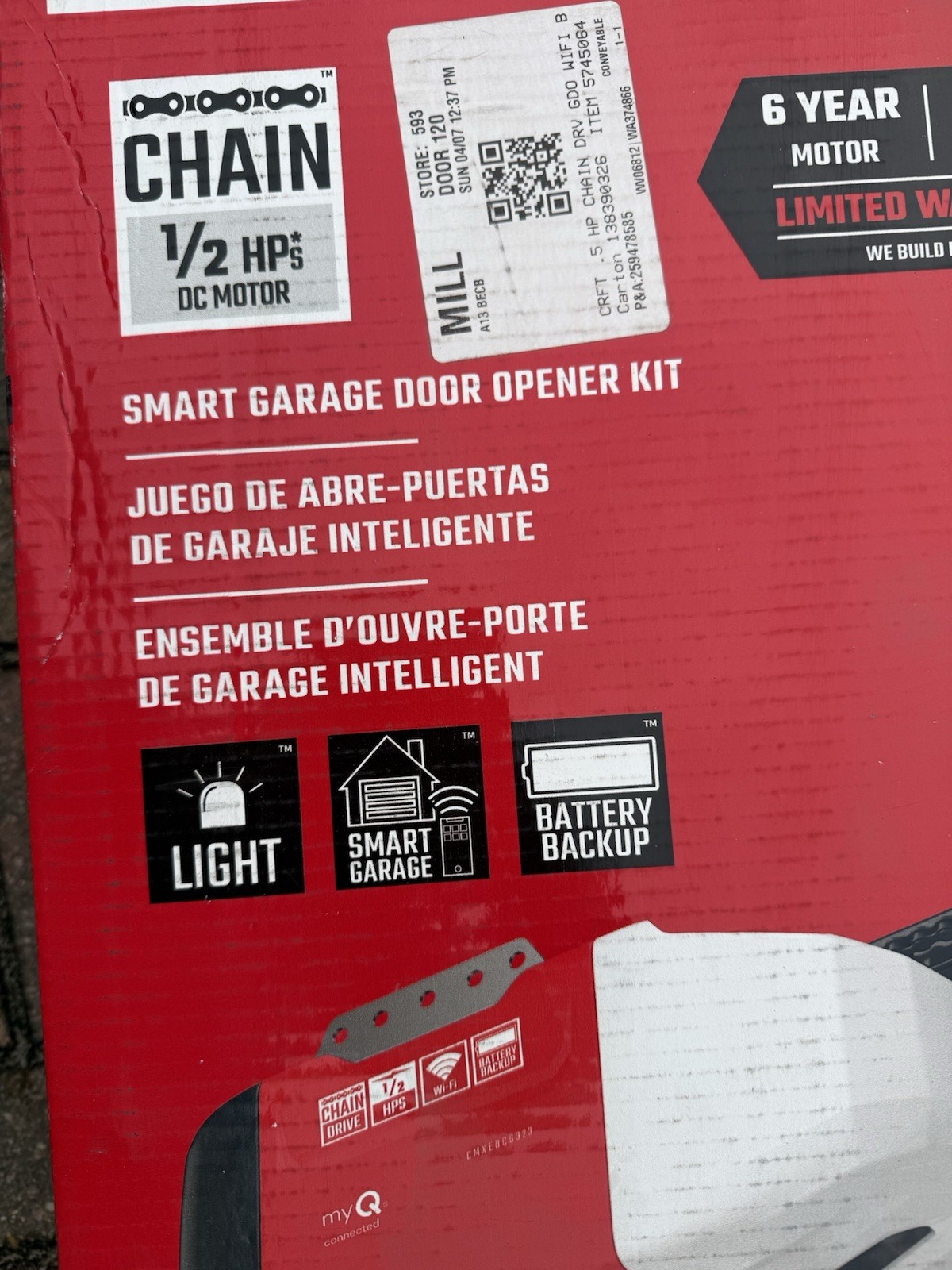 Craftsman 1/2 HP Chain Drive MyQ Wifi Smart Garage Door Opener Battery Back-Up