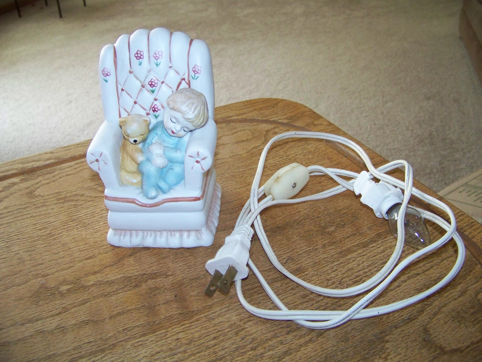 Vintage Porcelain Boy on Chair w/Teddy Bear NIght Light Detailed/Cute Excellent