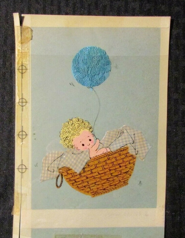 NEW BABY in Basket w/ Baloon 6.5x9" Greeting Card Art #1899