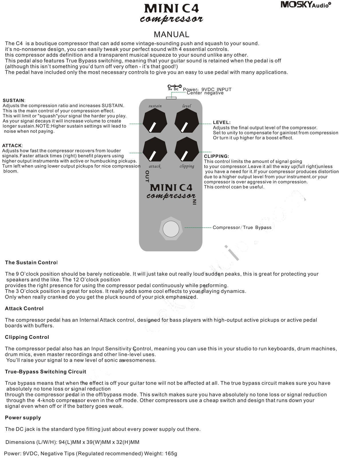 Mosky MINI COMPRESSOR Electric Guitar Effect Pedal Sustain Level Attack Clipping
