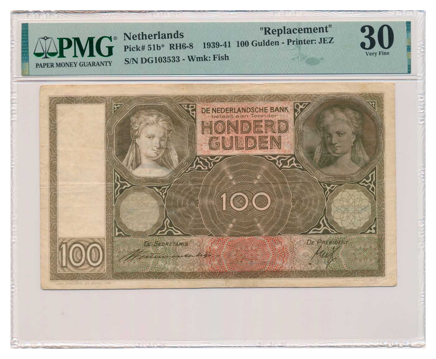 NETHERLANDS banknote 100 Gulden 1940 Replacement PMG VF 30 Very Fine