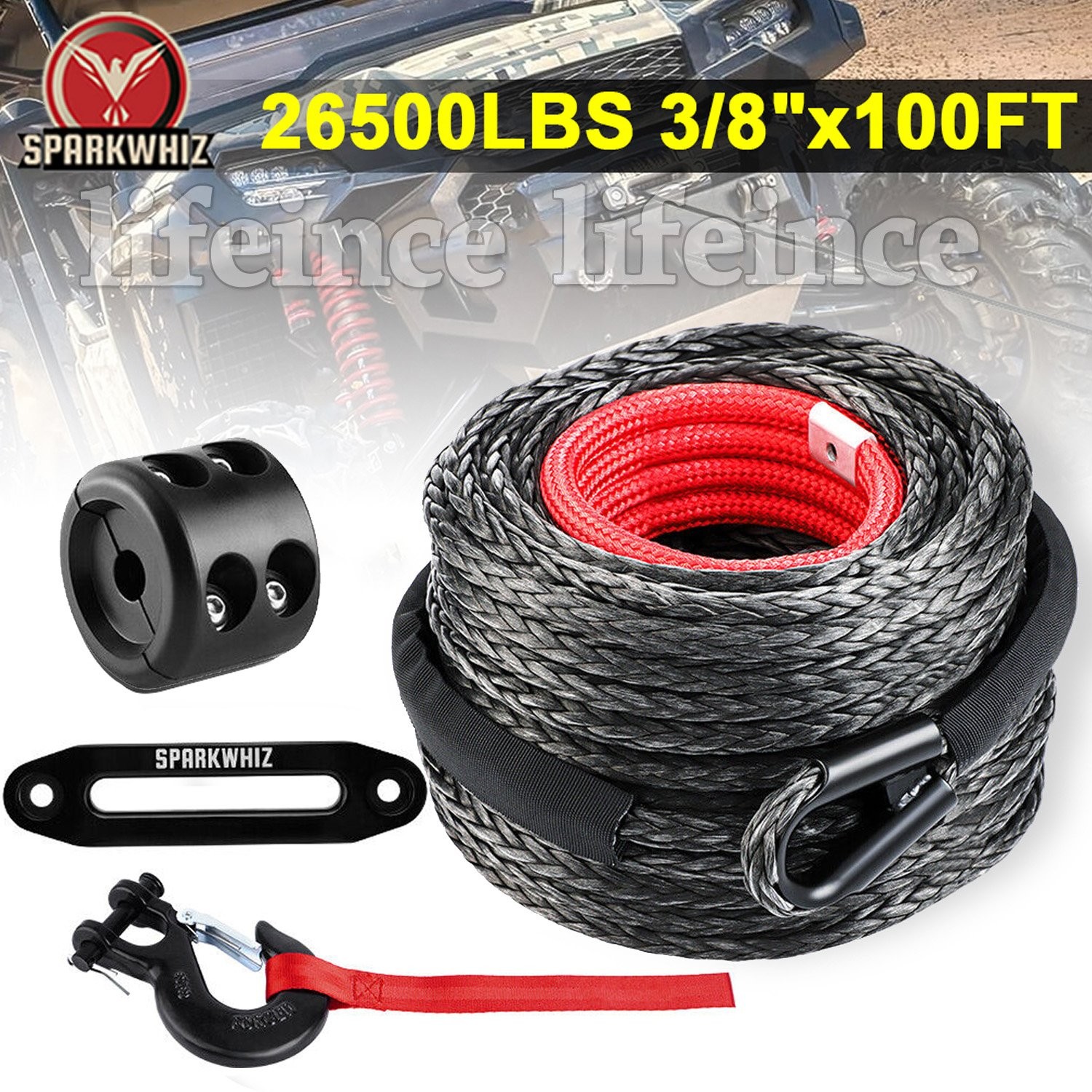 26500lbs 3/8"x100ft Synthetic Winch Rope Winch Line Cable w/Winch Hook for Truck