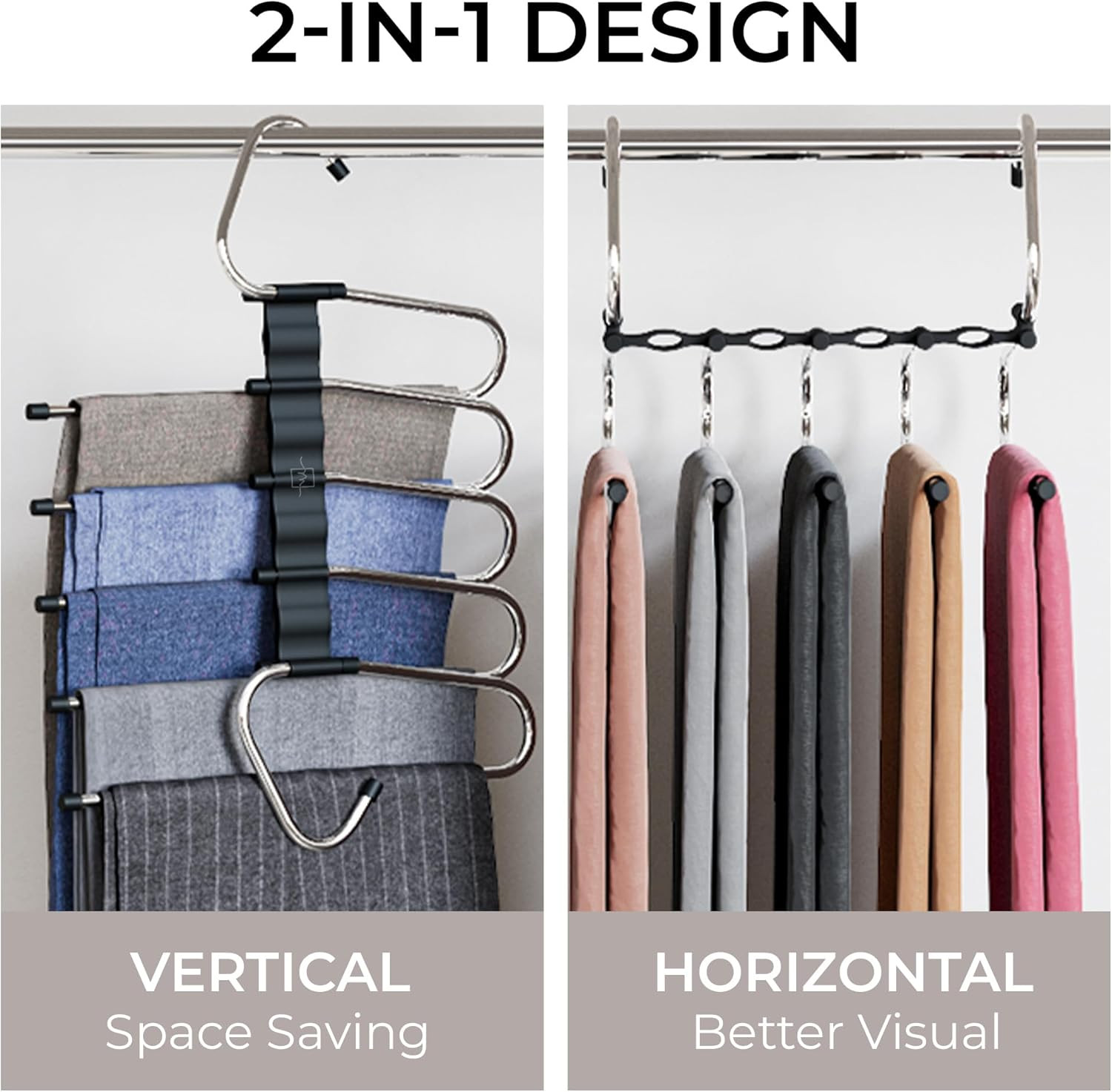 Pants Hangers Space Saving - 2 Pack - Non-Slip Multi-Layer Space Saving Hangers