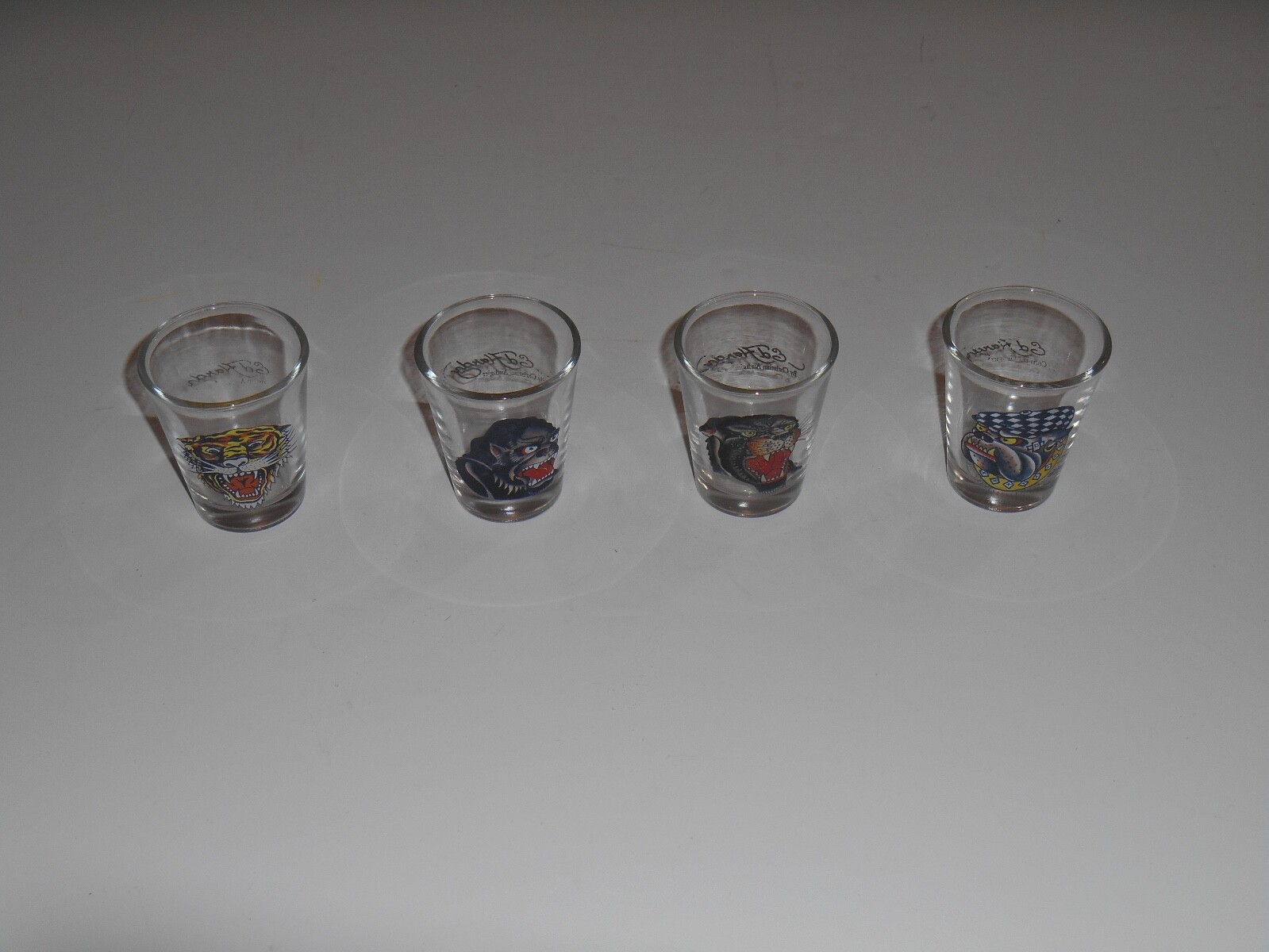 Don ED HARDY Set of 4 Designer Shot Glass Animal Dog Tiger Gorilla Hard Liquor