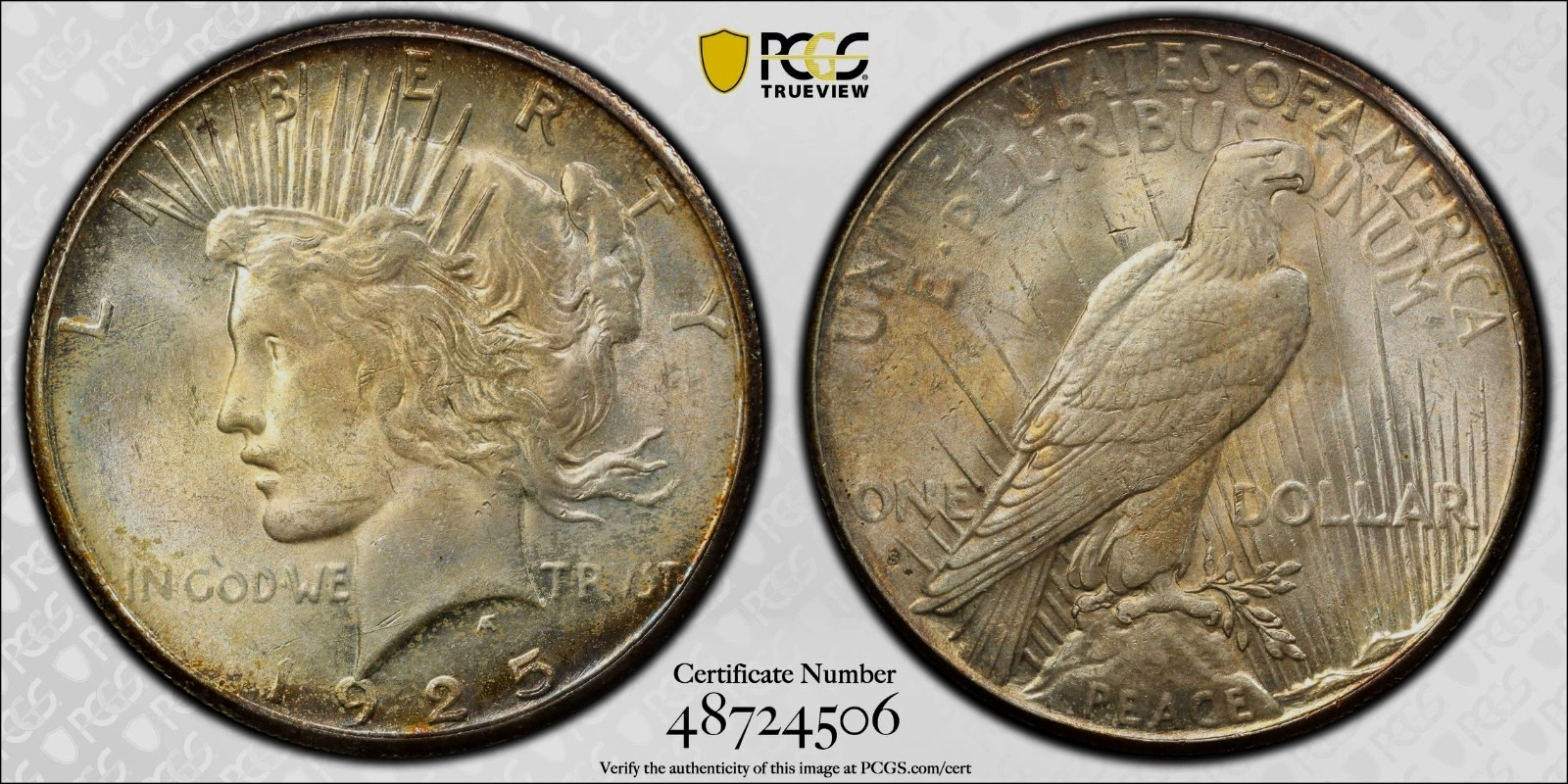 1925 S PEACE DOLLAR PCGS MS 63+ BEAUTIFUL DELICATE PASTEL PEARLESSENCE,