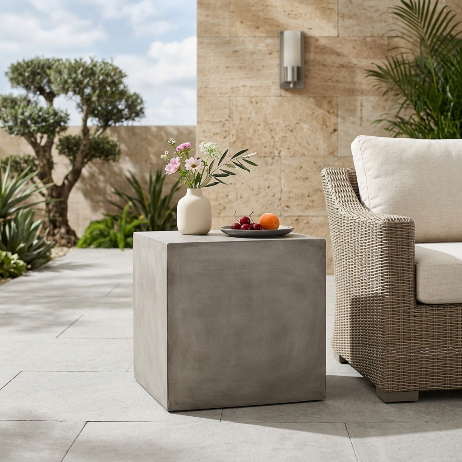 Outdoor Square Side Table Light Grey MGO Concrete 22" Cube