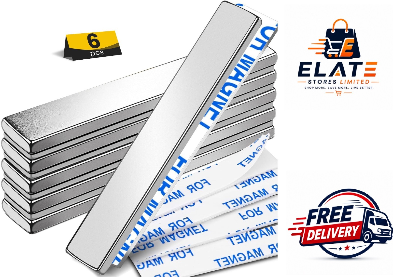 Strong Magnet Strips Heavy Duty - Rare Earth Magnets with Adhesive - Pack of 6