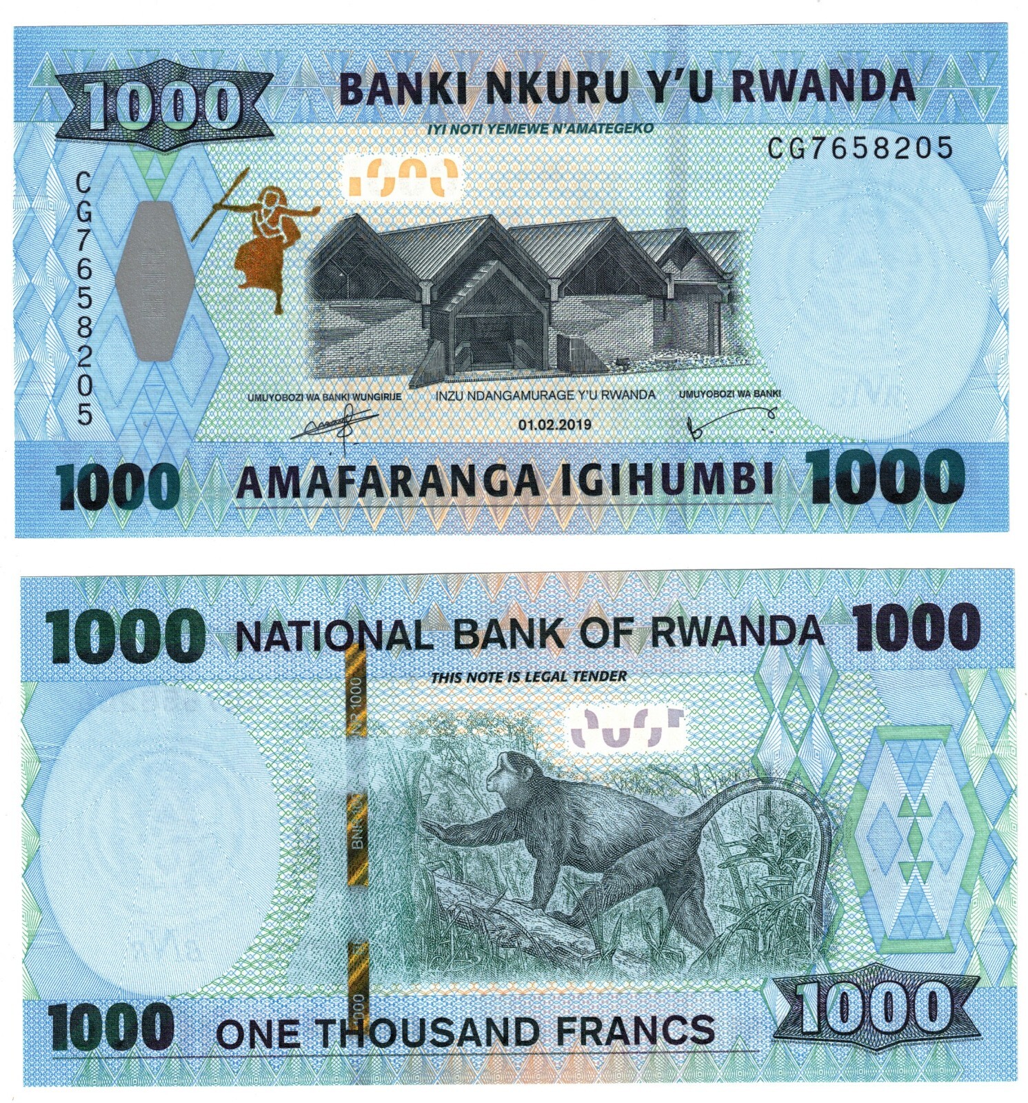 2019 Rwanda 1000 Francs P39b Banknote UNC Golden Monkey
