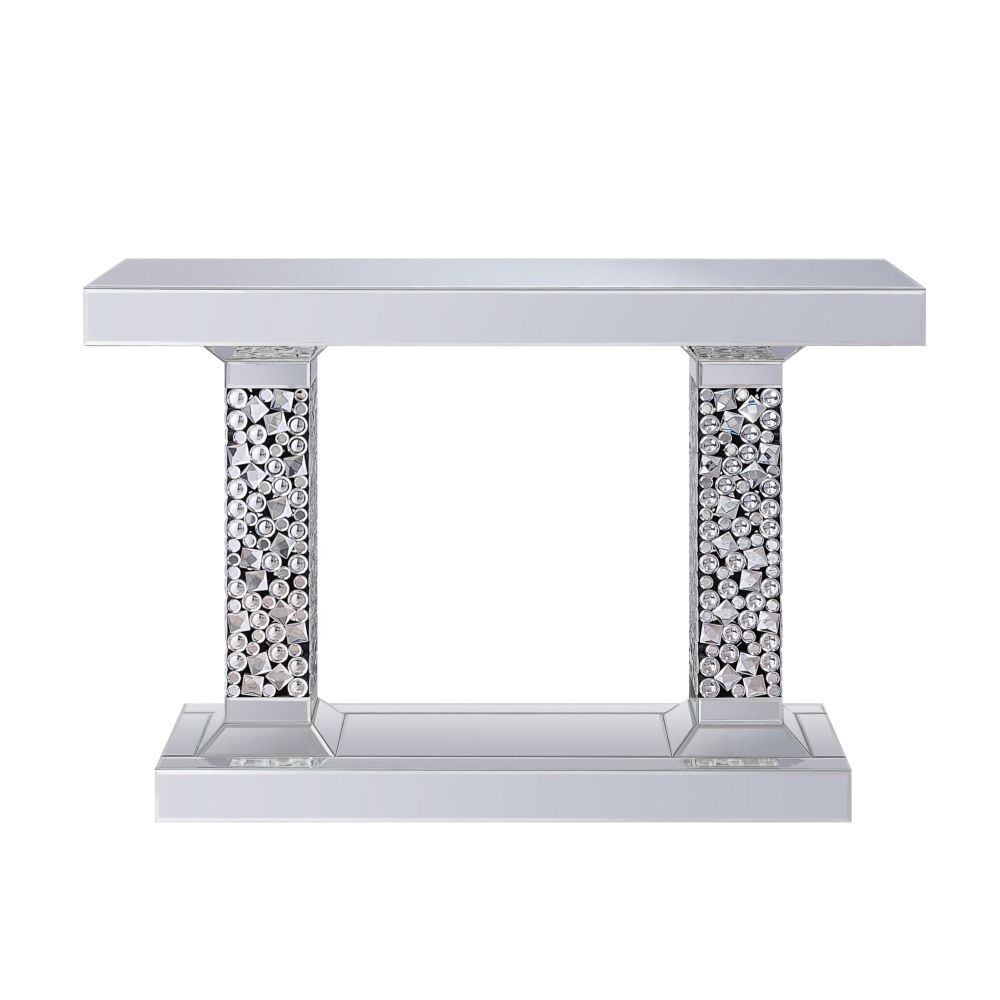 Mirrored Console Table w/ Faux Rhinestones & Sled Base, Silver (47" L x 16" W)