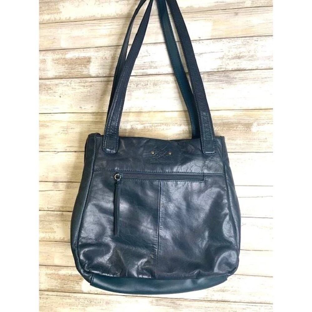 Stone Mountain Dark Teal Leather Studded Shoulder & Zipper Closure
