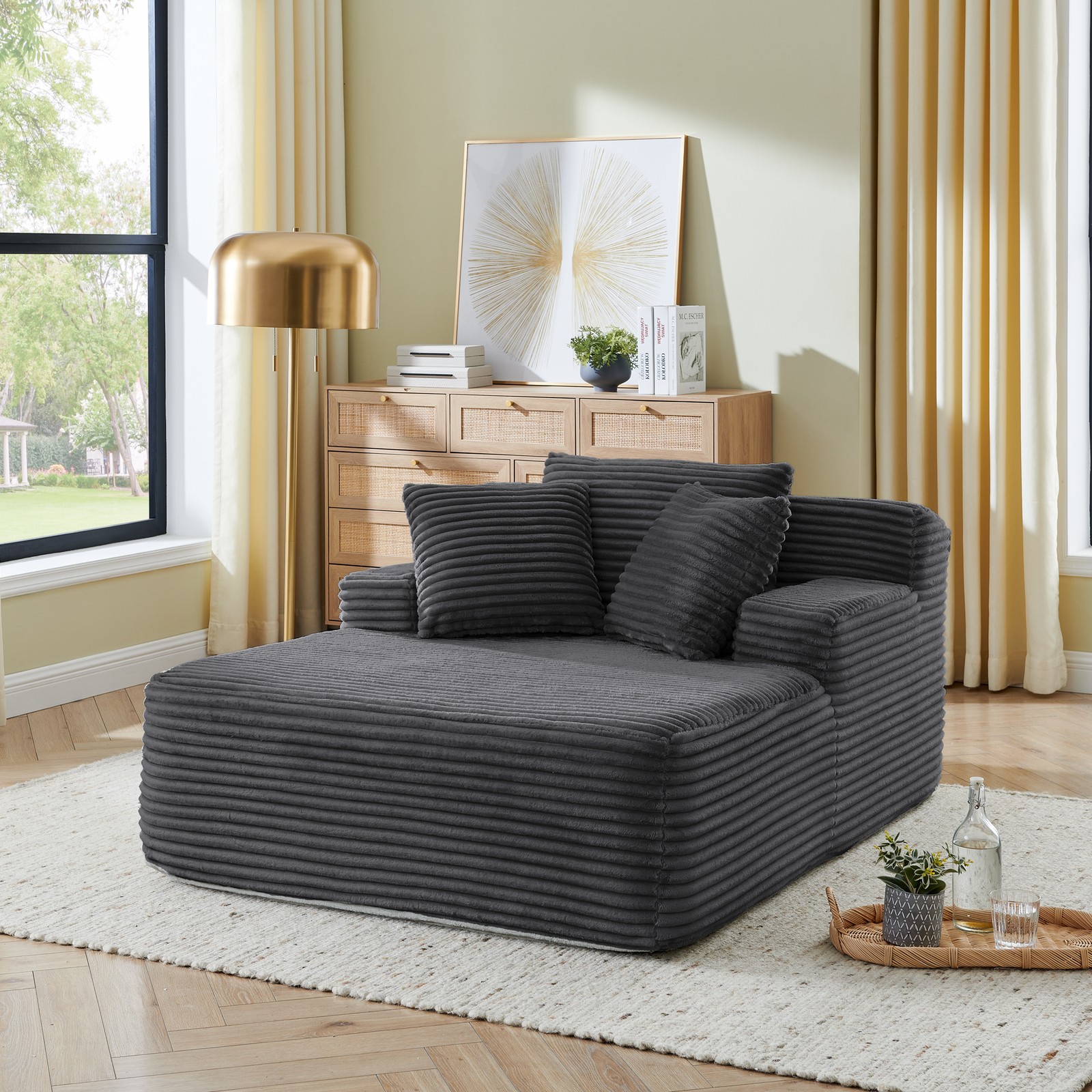 Single lazy sofa lounge chair, no assembly required, made of velvet fabric, fluf