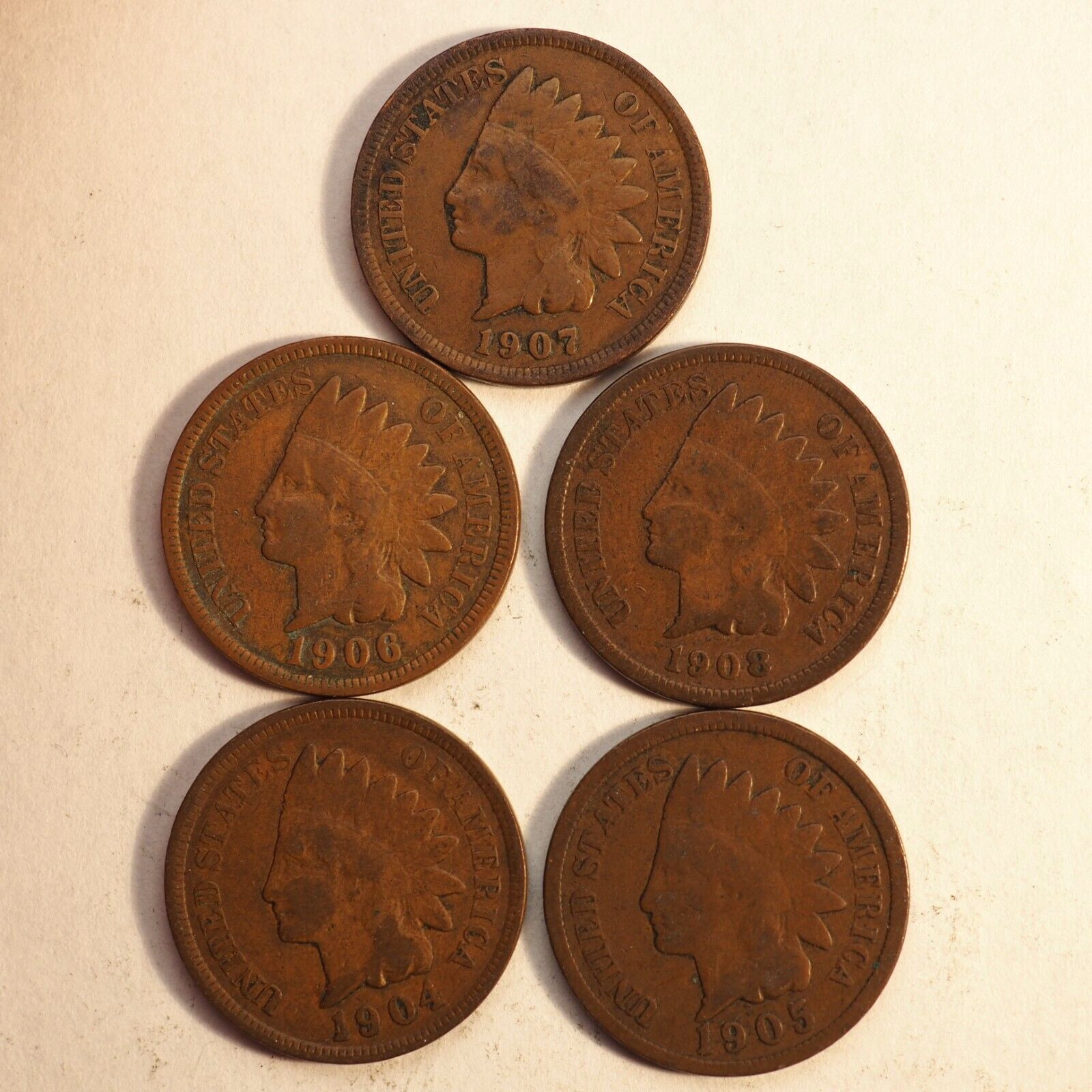 Lot of 5 Indian Head 1 Cents 1904-1908 (Good+) - ***FREE SHIPPING*** Lot 3-15