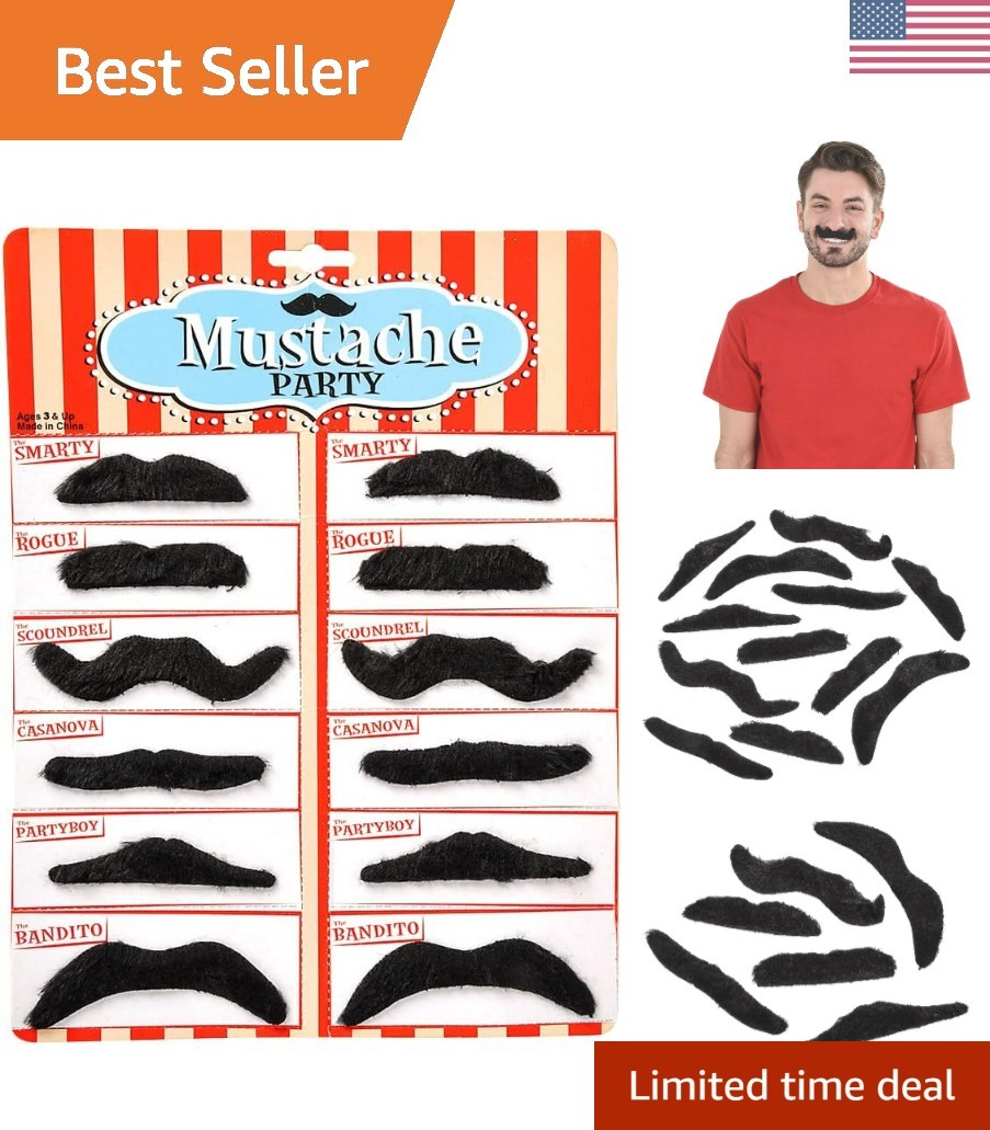 Road Island Novelty 3.5" Black Fake Mustaches, Pack of 12