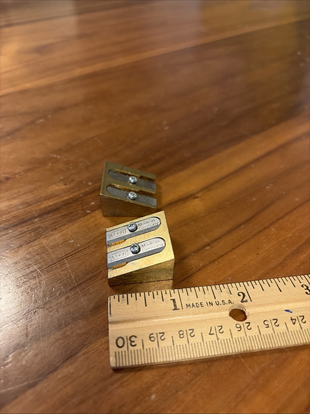 Pair Vintage M+R Brass Two Hole Pencil Sharpener 603 Germany Mobium Rupert