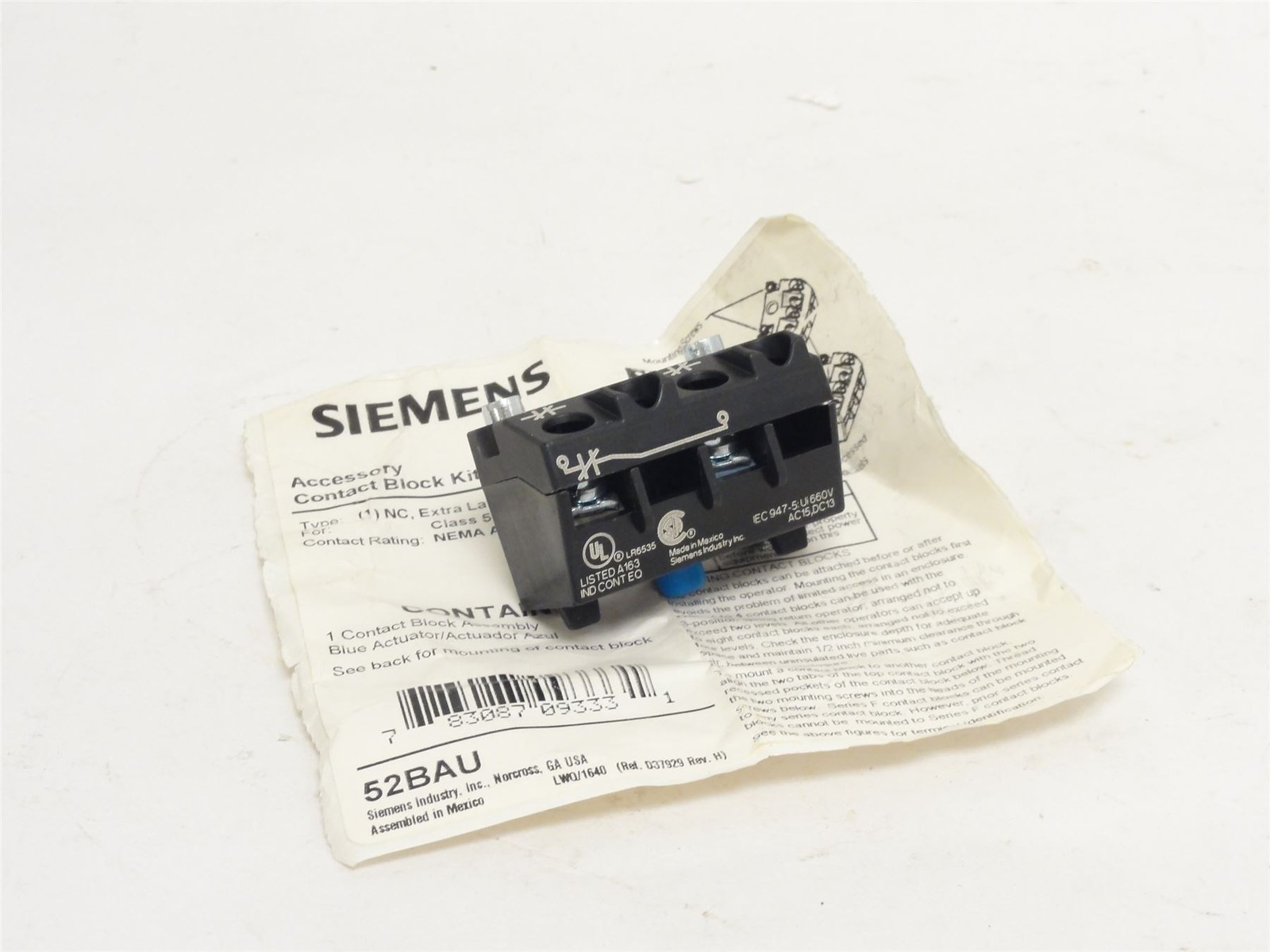 254934 New-No Box; Siemens 52BAU Switch Contact Block; 10A; 600VAC; 1-NC