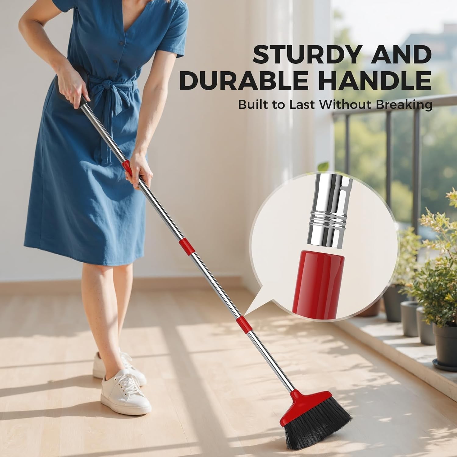 Handy Broom Indoor Outdoor Duty Broom With Stainless Steel Handle & Dense RedSAF