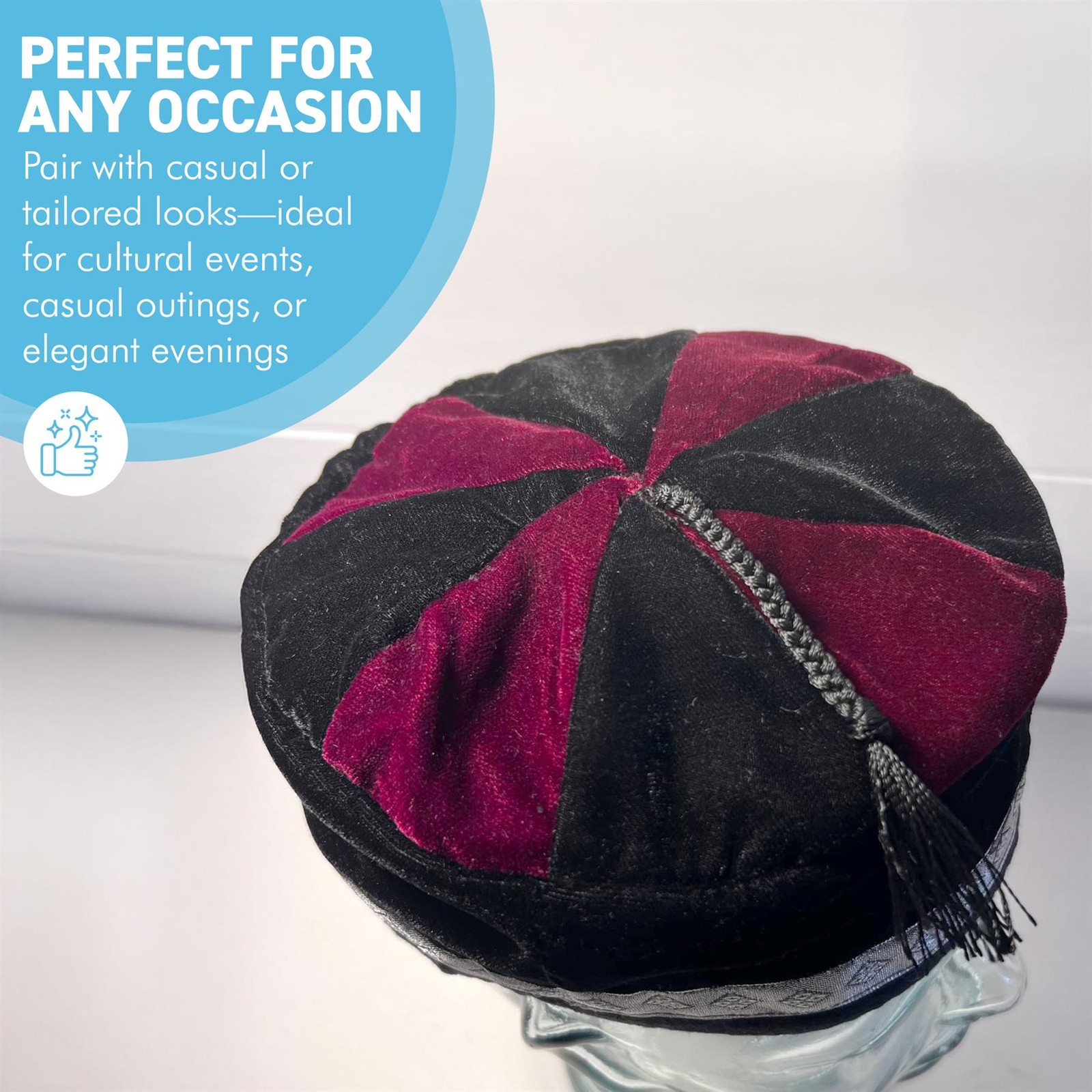 Size 59cm, large, Handmade Nepalese Burgundy Red and Black velvet Smoking Cap