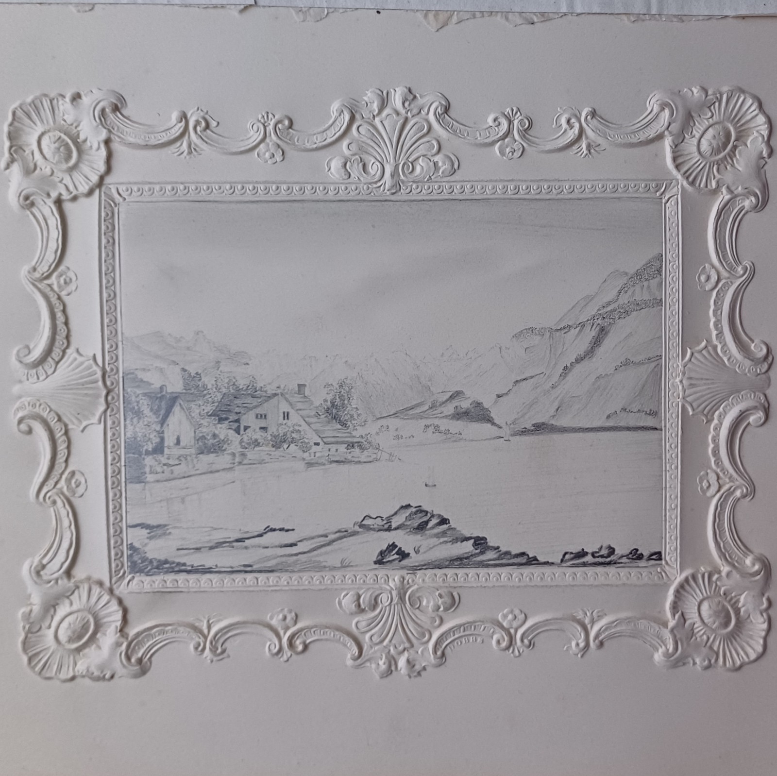 Antique Victorian Late 19C Alps Pencil Landscape, Poss. Italy, Lake Misurina?
