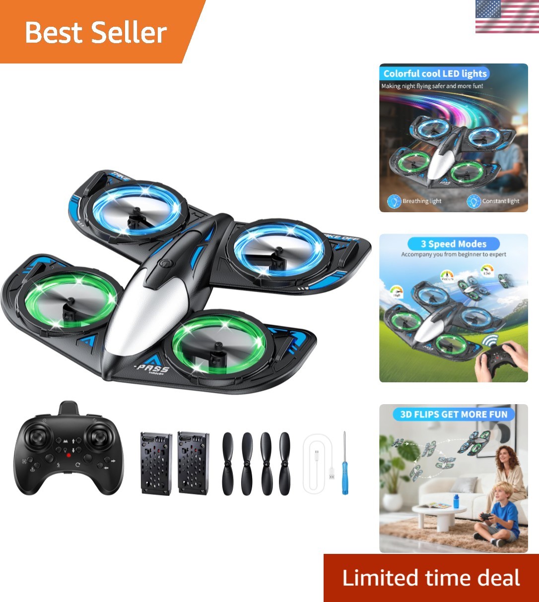 Youth-Friendly RC Drone with Collision Protection, 3 Speed Modes & Cool Lights!