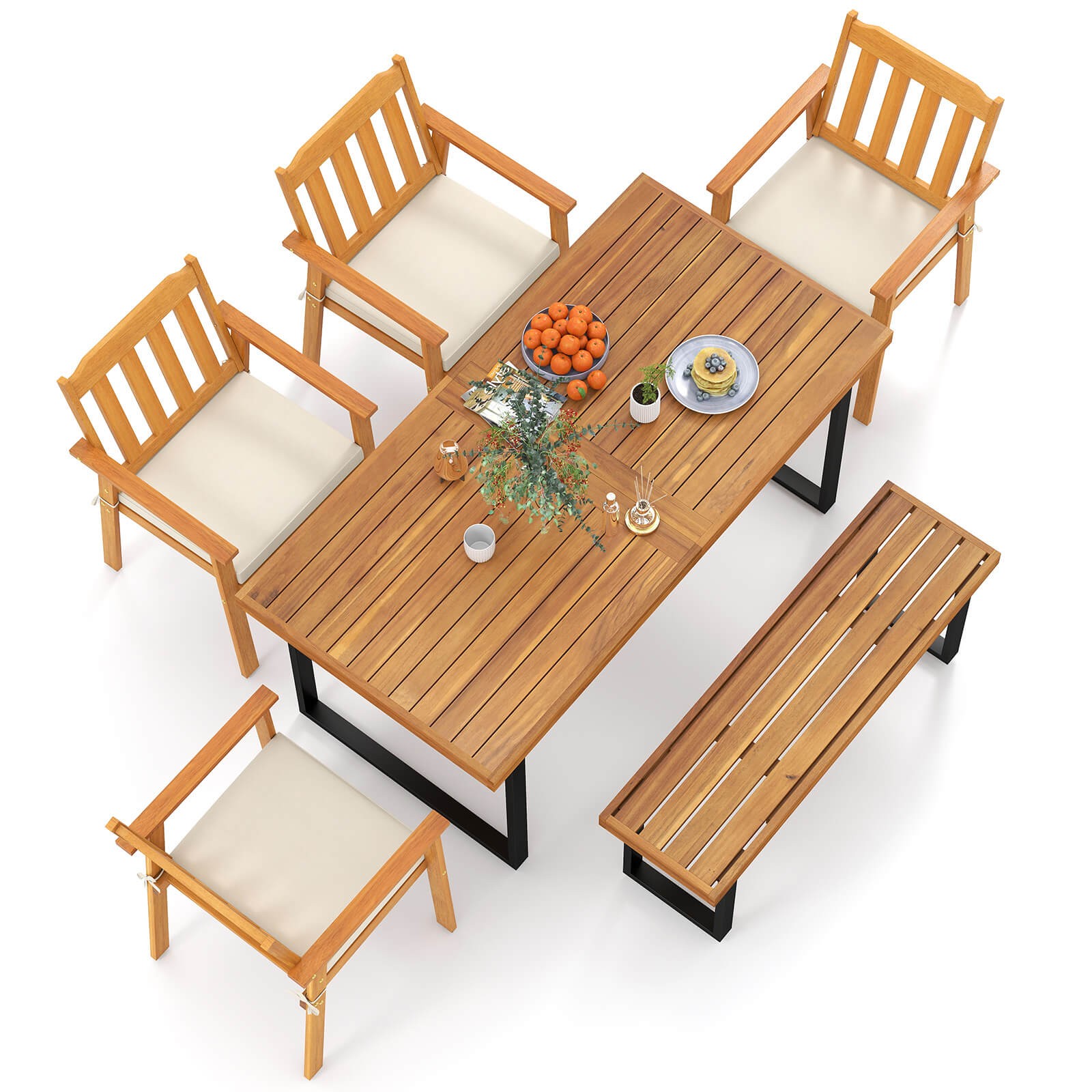 6PCS Patio Dining Table Set, Table w/4 Acacia Wood Armchairs & Backless Bench