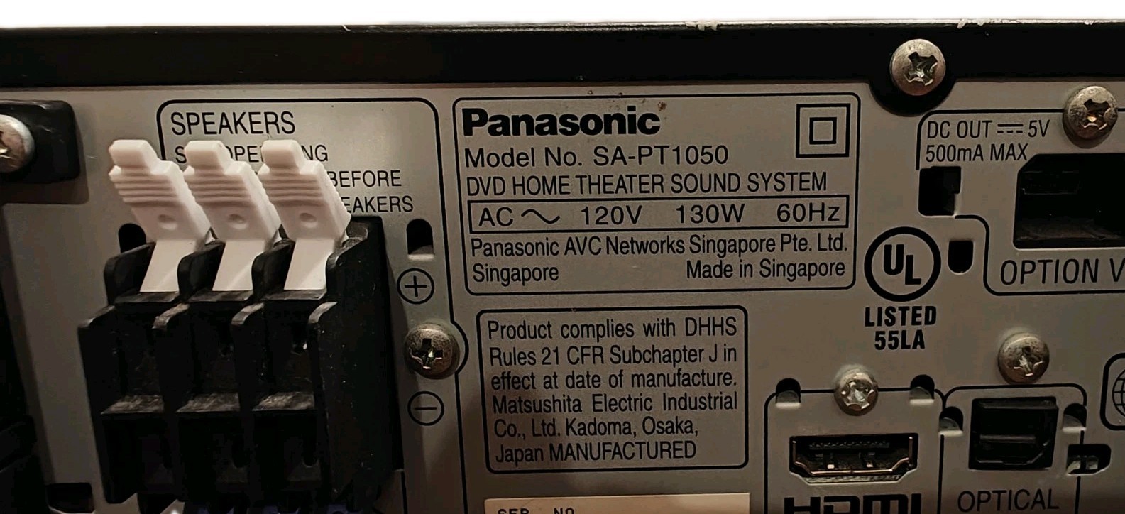 Panasonic SA-PT1050 5 Disk DVD Home Theater Receiver W/ Digital Transmitt/HDMI