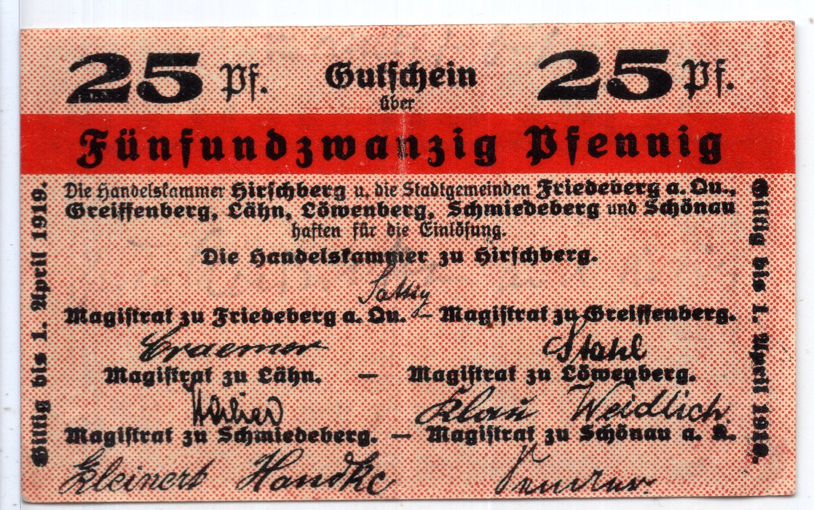Germany Herschberg Notgeld 25 Pfennig Note (NG137)