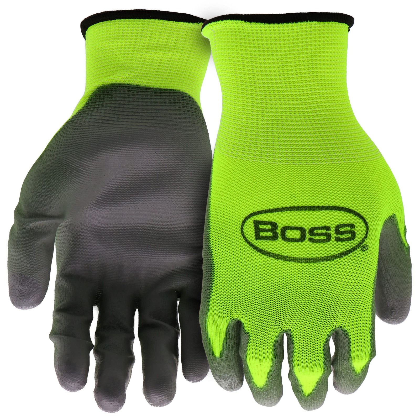Boss Men's High Visibility Nitrile Coated Work Gloves, Large, Green, Black