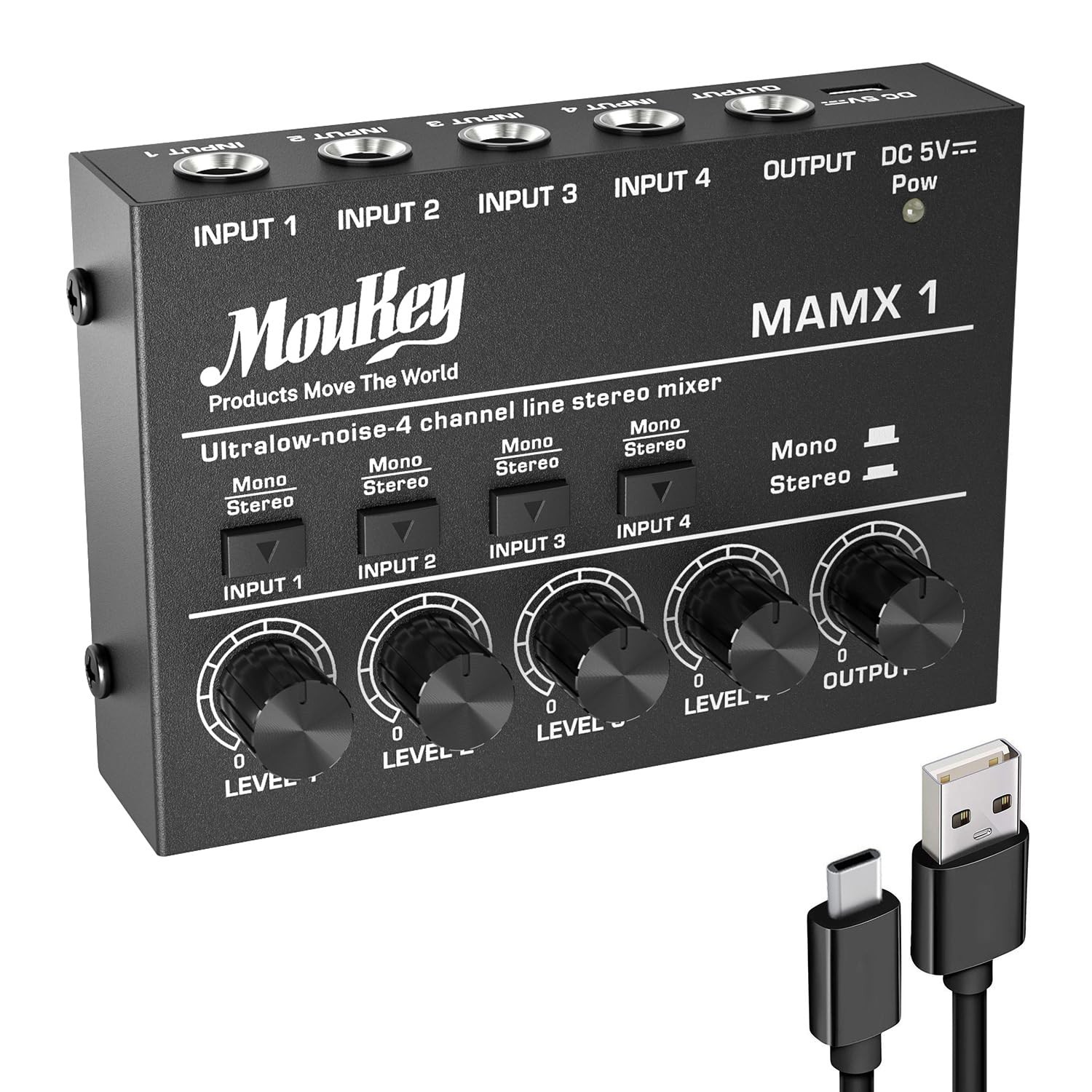 Moukey Mini Audio Mixer, DC 5V, 4 Stereo Ultra, Low Small(4-channel), Black