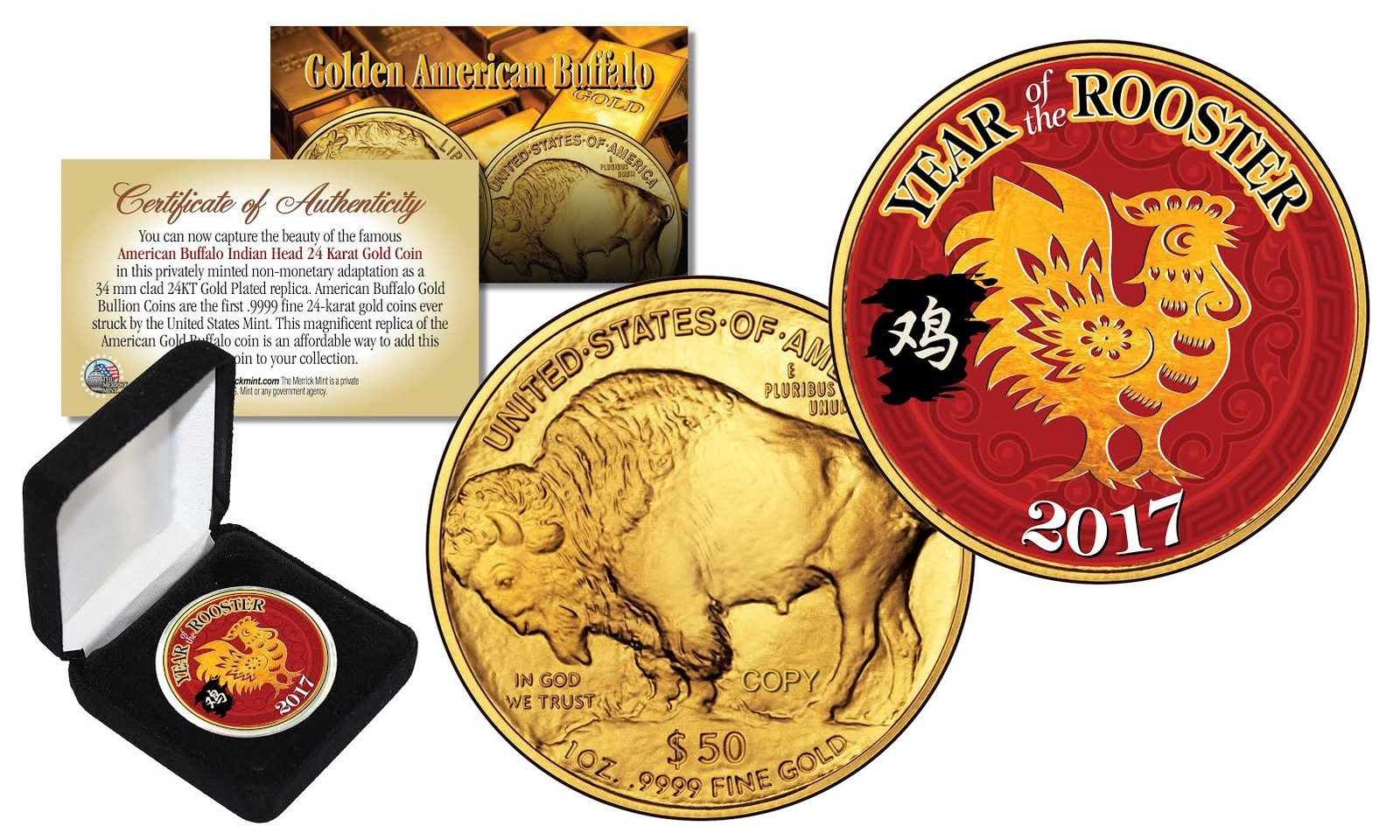 2017 Chinese YEAR OF THE ROOSTER 24K Gold Clad $50 American Buffalo Tribute Coin