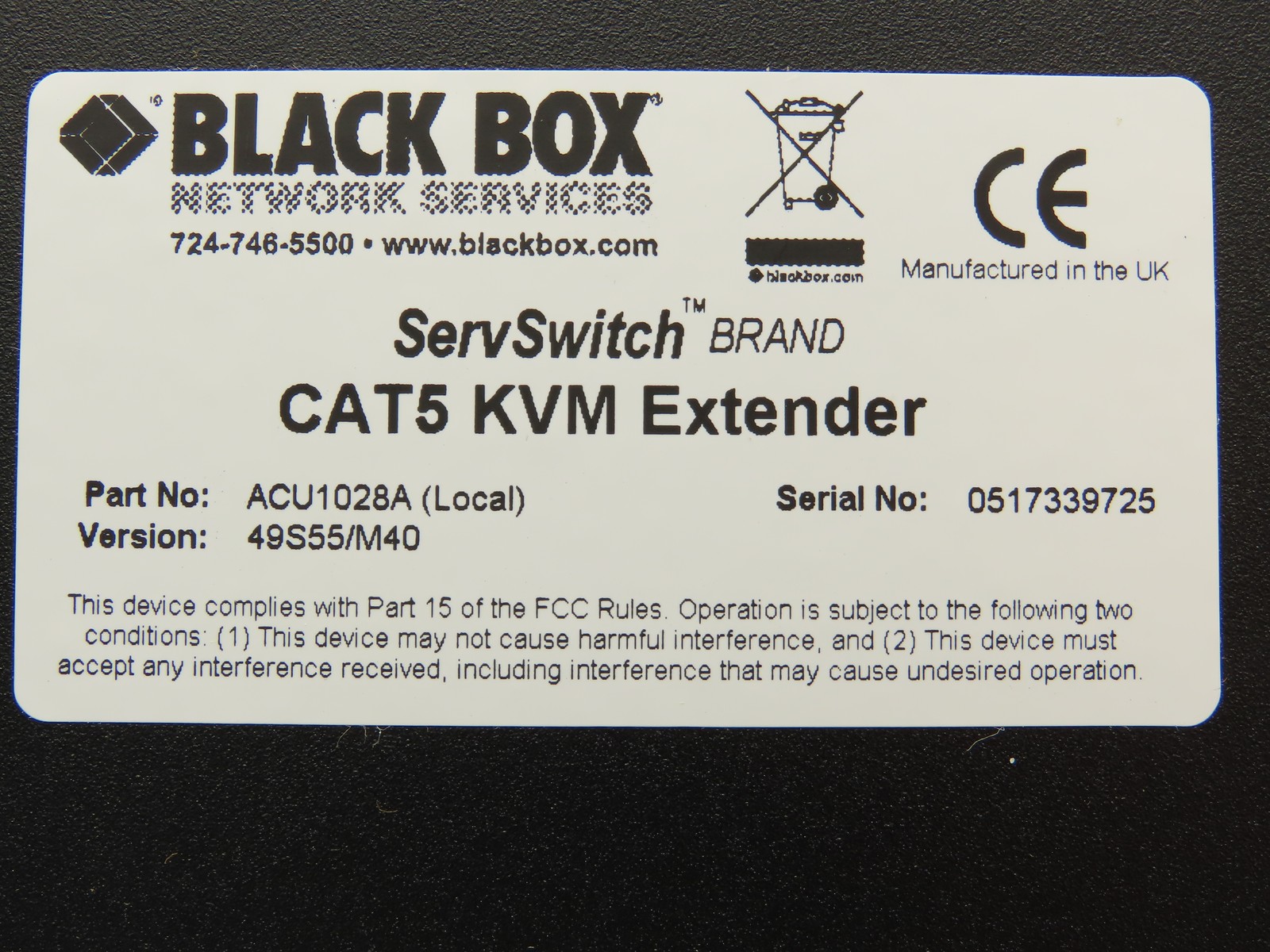 Black Box ACU1028A CAT5 KVM Extender ServSwitch Local Box Only And Cords