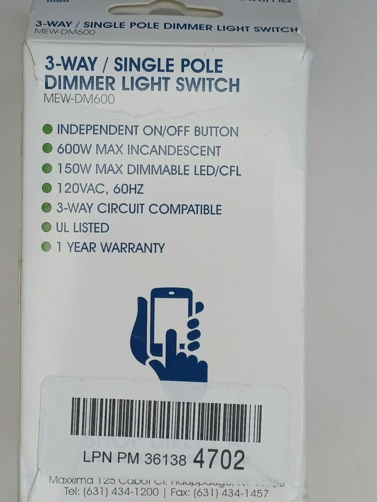 Maxxima - 600 Max Voltage Slide Dimmer Switch - Model MEW-DM600