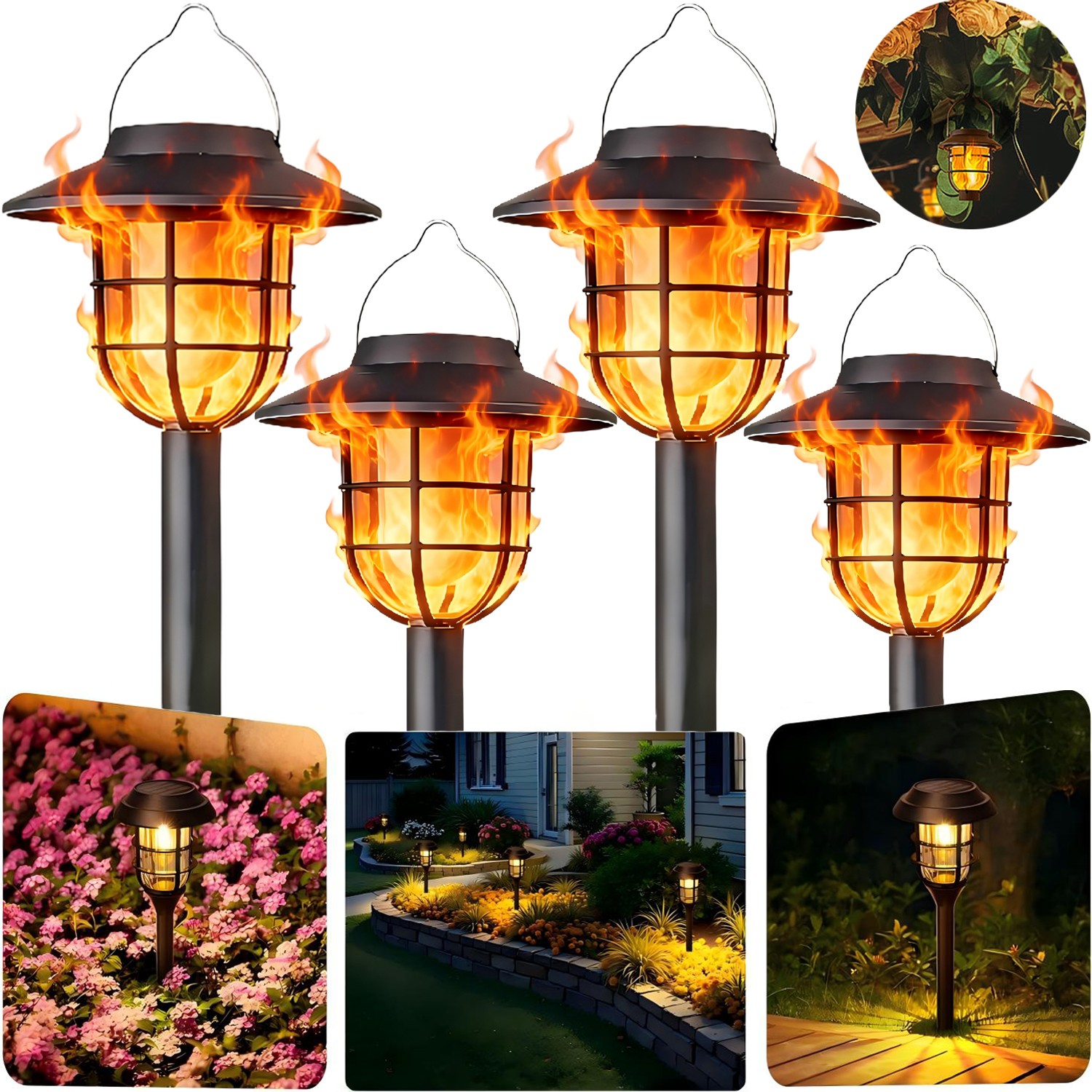 4Pack Dual Use Flickering Flame Solar Garden Lights Hanging Lantern Pathway Lamp