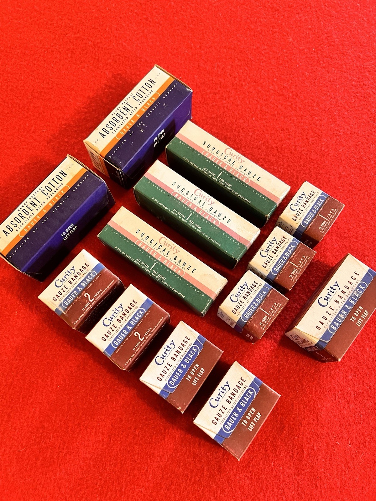 WWII First-Aid Medical (Lot of 13) GAUZE, SURGICAL GAUZE, ABSORB. COTTON