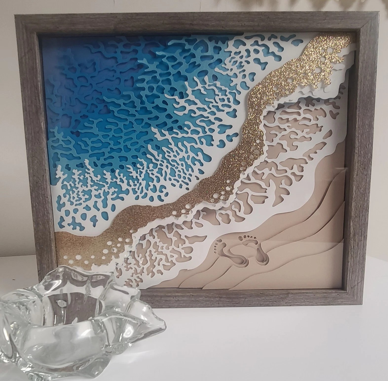 Handmade 3D Layered Footprint In The Sand Beach Lover Scene 12" x 12" Shadow Box