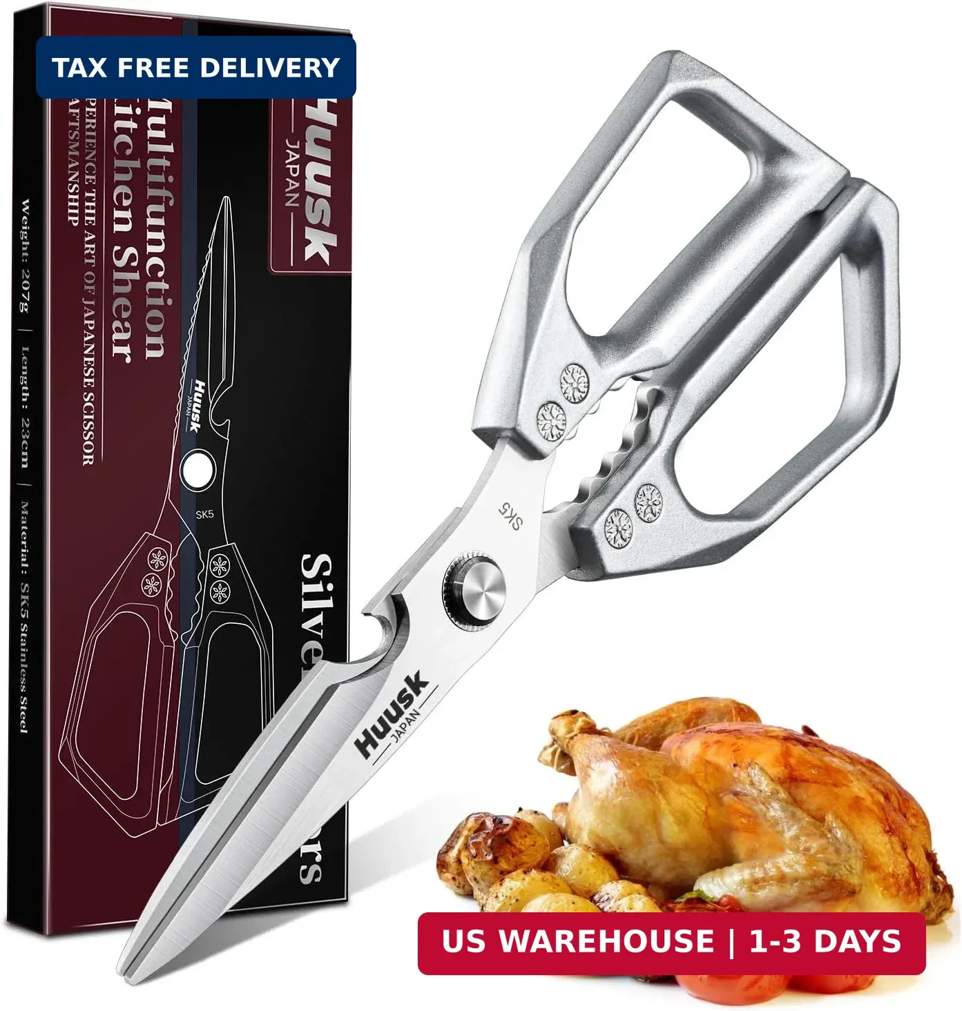 HUUSK Kitchen Scissors All Purpose - Stainless Steel Kitchen Shear, Sharp Silver