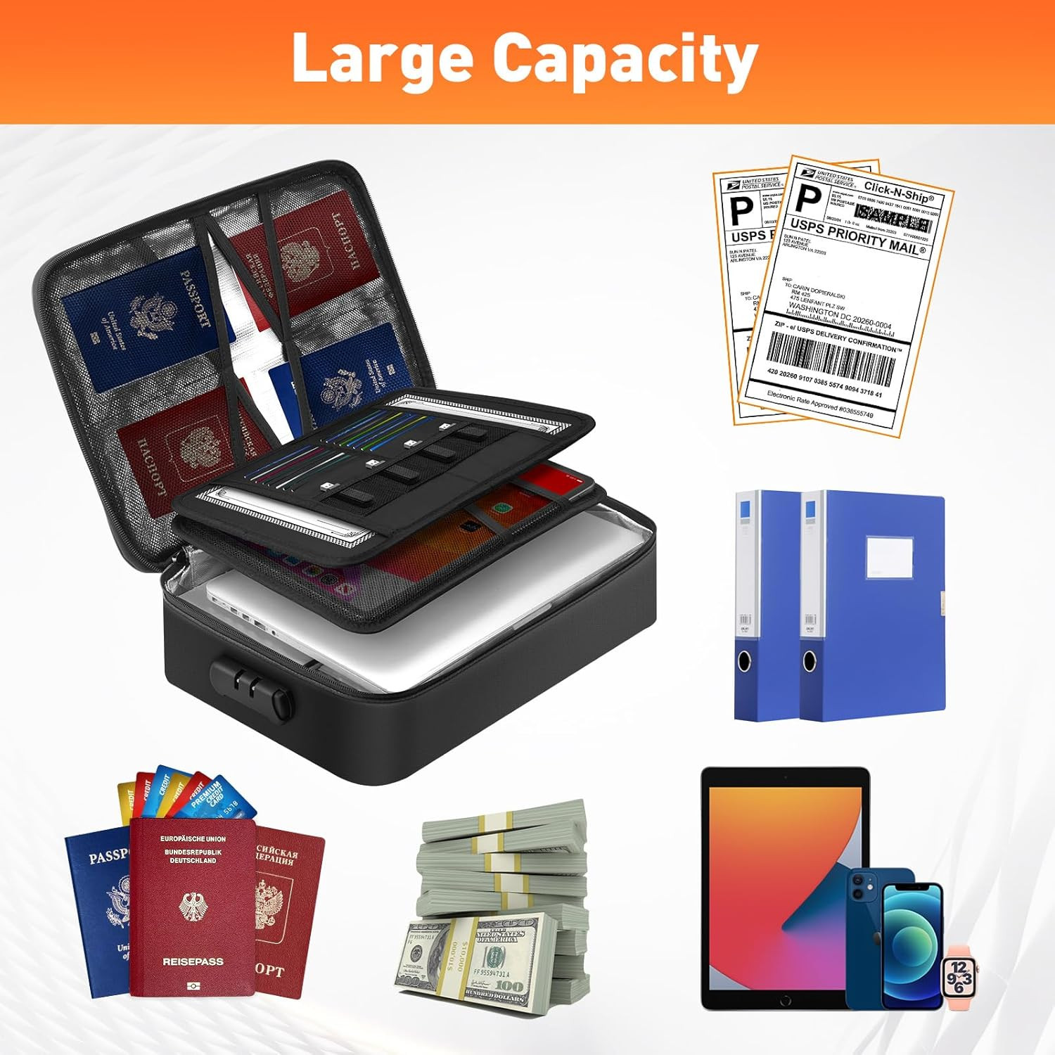 3-Layer Fireproof Document Box with Lock File Storage Box Waterproof Safe Bag US