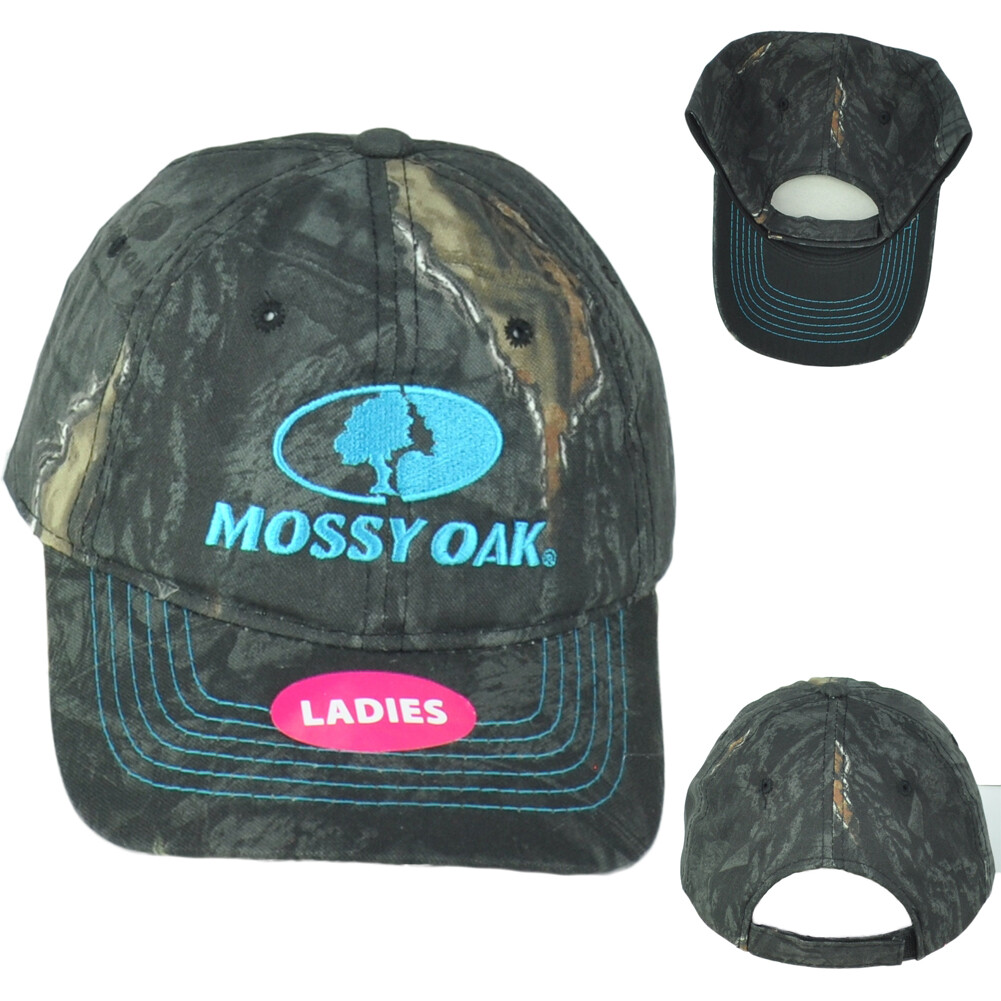 Mossy Oak Ladies Women Black Camouflage Outdoor Teal Logo Adjustable Hat Cap