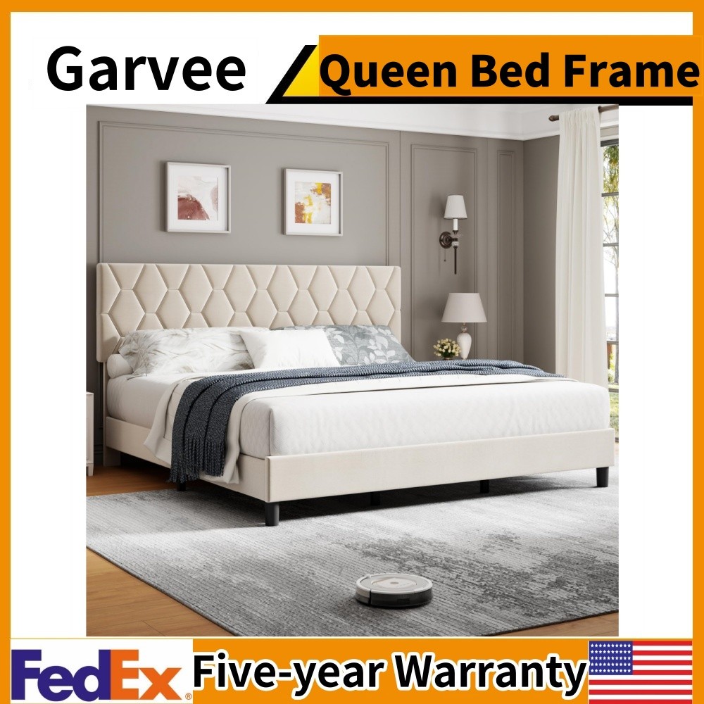 QUEEN Platform Bed Frame with Upholstered Headboard and Wooden Slats Support