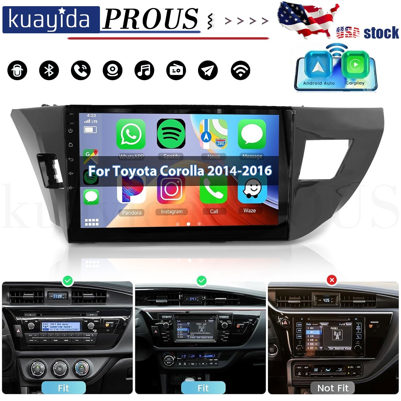 For Toyota Corolla 2014-2016 Android 13 Apple CarPlay Car Stereo Radio GPS WIFI