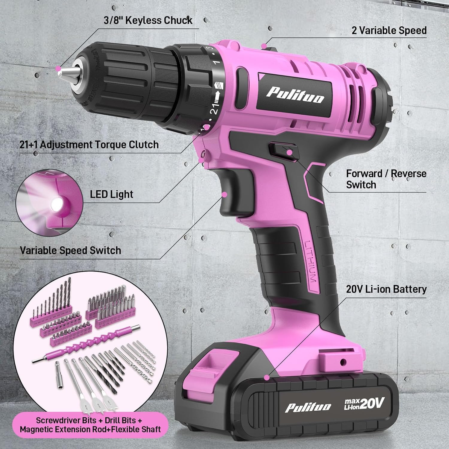 Power Drill Tool Kit with 20V Cordless Drill/Driver, Electric Screwdriver, 2 Bat