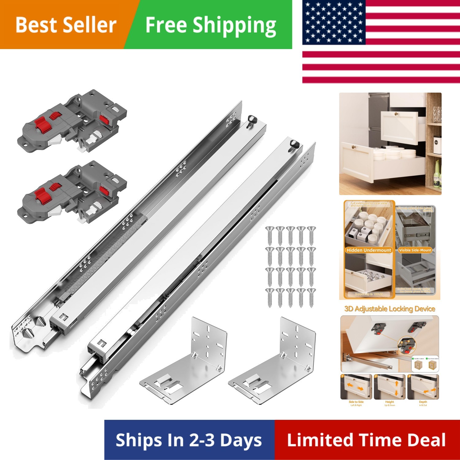 12 15 18 21 Inch Undermount Soft Close Drawer Slides, Full Extension 3D Locki...