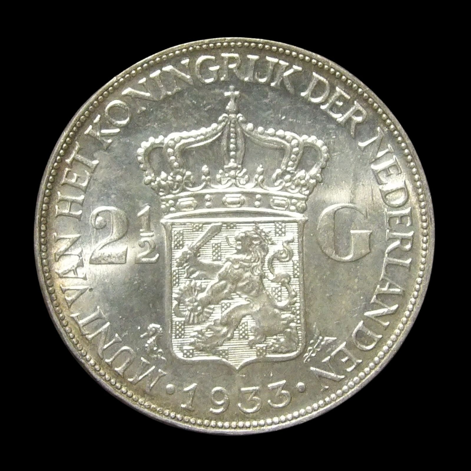 1933 NETHERLANDS (WILHELMINA) 2 1/2 GULDEN SILVER (0.720) UNC COIN (DEEP HAIR)